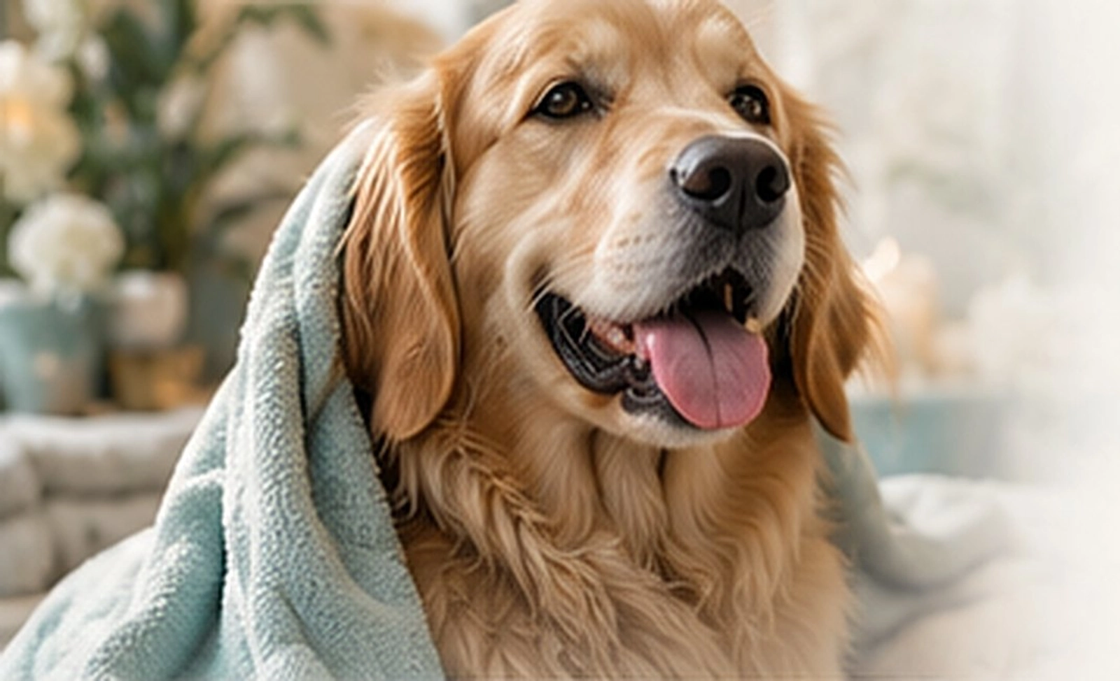 A happy golden retriever wrapped in a soft teal blanket