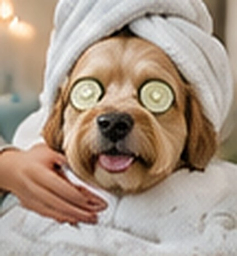 A dog in a towel turban enjoying a cucumber facial