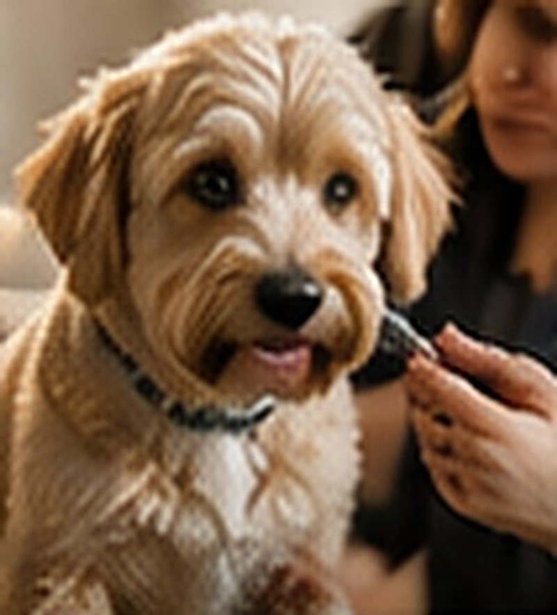 A groomer gently trimming a curly-coated dog's face