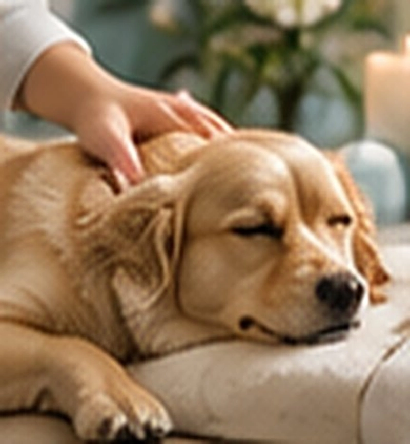 A golden retriever relaxing during a gentle massage