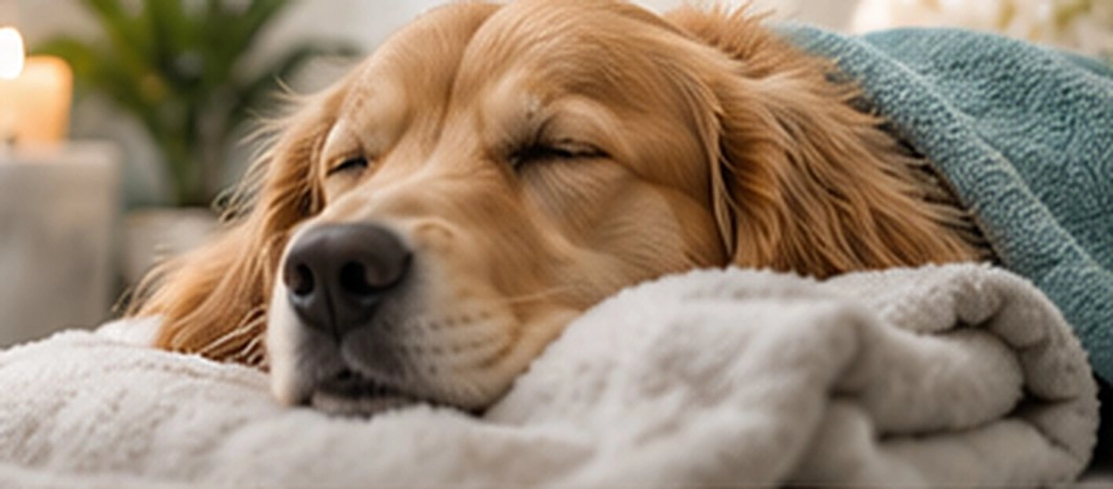 A golden retriever sleeping peacefully on a plush white blanket