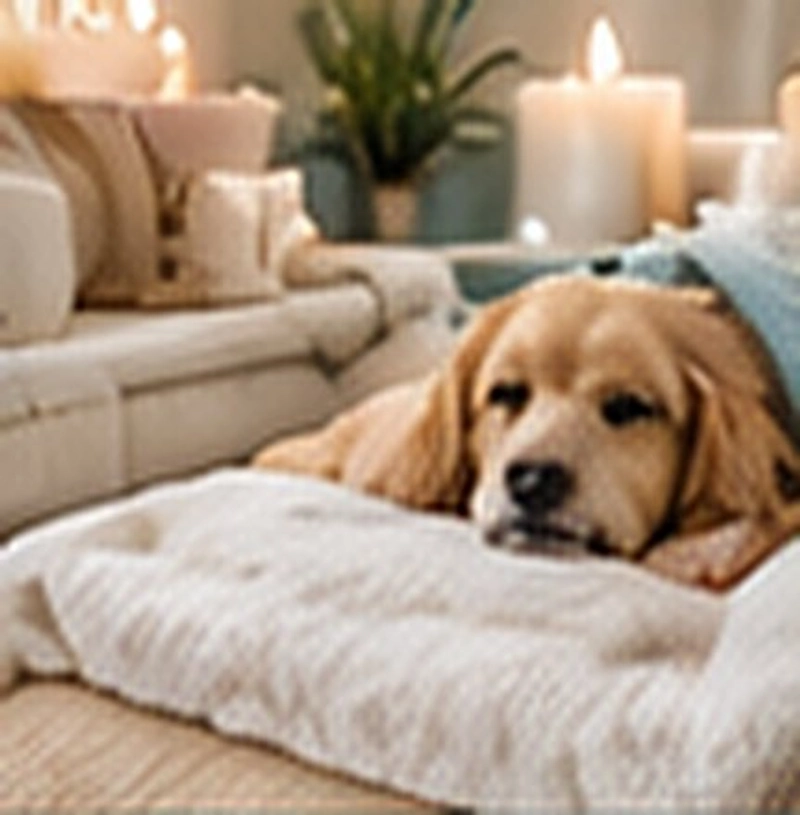 A golden retriever resting on plush orthopedic bedding in a calm lounge