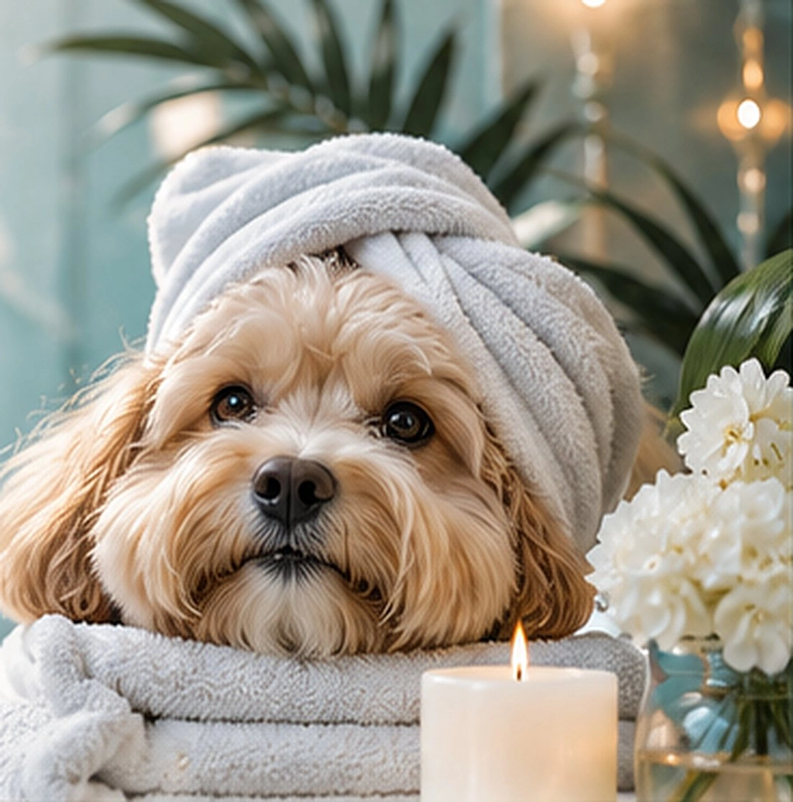 A fluffy golden doodle wrapped in a soft white spa towel, resting beside a lit candle