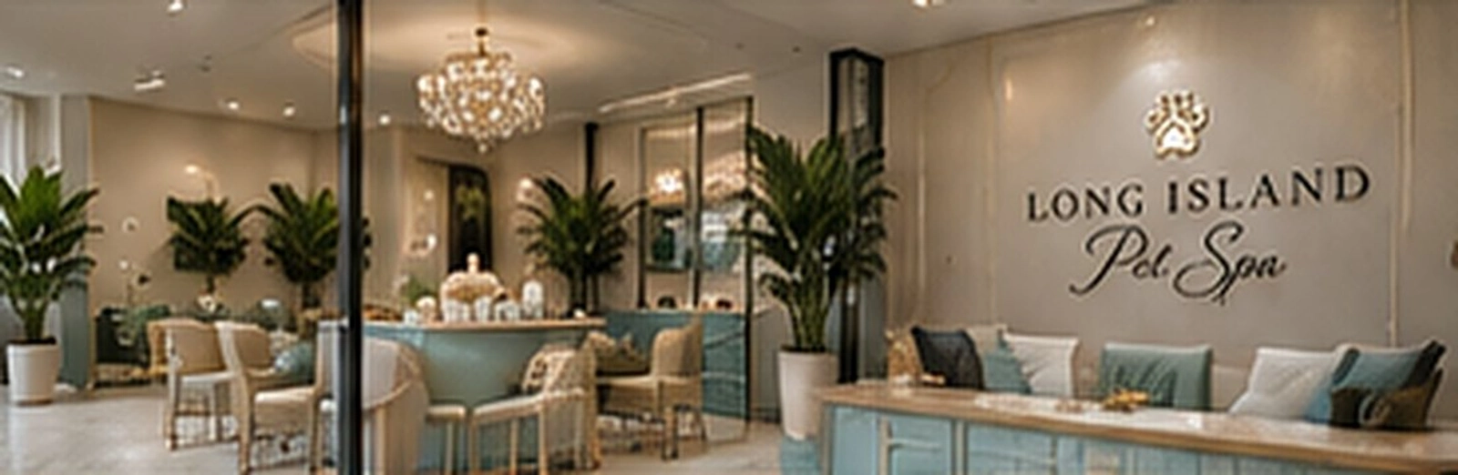 An elegant spa reception with velvet seating, palms and a crystal chandelier