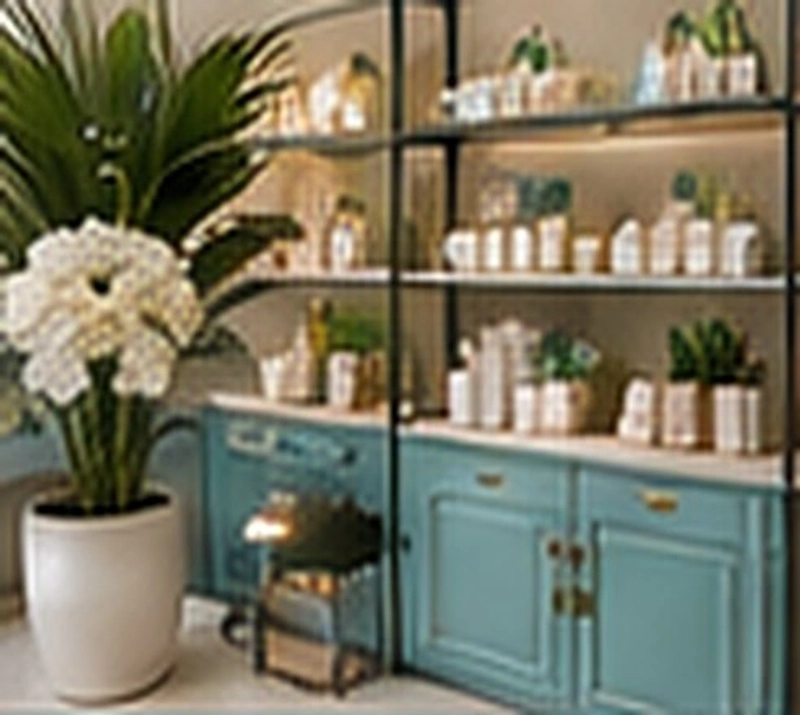 Aqua cabinetry and open shelves of premium spa products