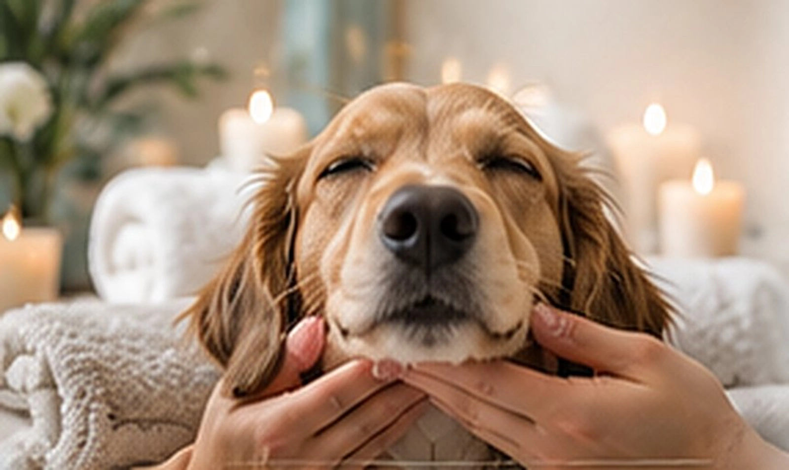 Caring hands cradling a relaxed spaniel's face during a calming treatment