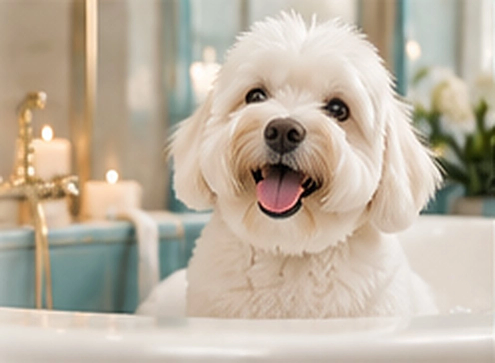 A smiling white Maltipoo sitting in a spa bath surrounded by candles